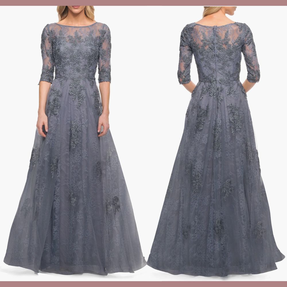 NWT $619 La Femme [ 14 ] Embroidered Floral‎ Lace & Tulle A Line Gown Slate Blue